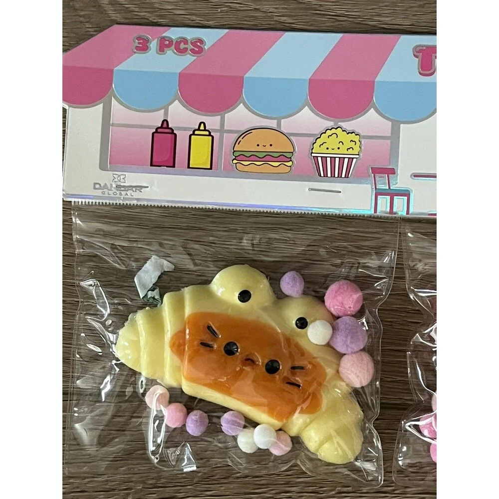 Taba-Mazing 3 Piece Slimey Squishy Toys; Croissant, Hamburger & French Fries New